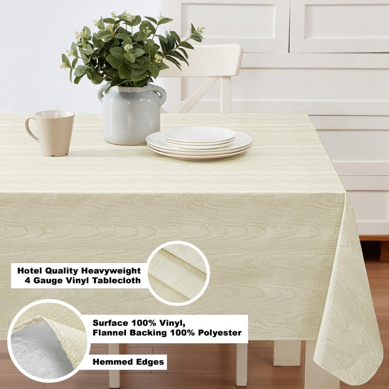 Newbridge Vinyl Flannel Backed Tablecloth, 60 x 84 Inch Rectangle, Beige Moire Wavy Solid Design, Heavyweight Indoor Outdoor Waterproof Table Cover, Easy Care Wipe Clean - Image 4